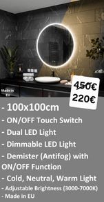 LED Bathroom Mirror Demister Antifog 100cm Dual LED Bright Light Touch Switch Makeup Round Cosmetic