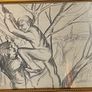 Pencil drawing of 2 boys playing in a tree in a gold frame unsigned Image 4