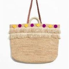 & other Stories woven straw pom pom tote beach bag