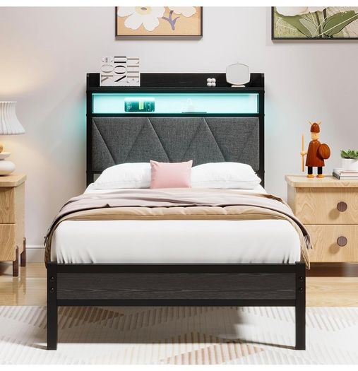 Single Bed Frame with 3ft Upholstered Wooden Storage Headboard, Grey Single Bed Frame with LED Lights & USB Charging, 90x190cm Two-shelf Storage Headboard, Heavy Duty Slats for Small Bedrooms