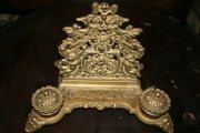 Antique Brass Desk Set Inkwell with Letter Holder with Art Nouveau motif 12" x 8" H-8"