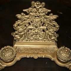 Antique Brass Desk Set Inkwell with Letter Holder with Art Nouveau motif 12" x 8" H-8"