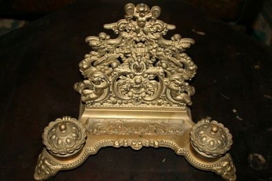 Antique Brass Desk Set Inkwell with Letter Holder with Art Nouveau motif 12" x 8" H-8"