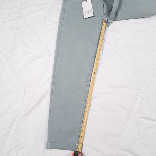 Zara Muted Green Blue Raw Frayed Hem Slim Fit Cropped Jeans 14UK/42EU