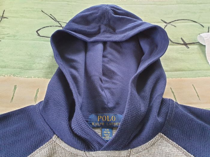 Ralph Lauren Boys Sweatshirt Gray Hoodie Navy Sleeves 10 to 12 Years Large