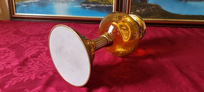 Vintage 21 Inches Tall Brass Double Burner Victorian Oil Lamp With Amber Glass Oil Font And With White Opaque Fluted Glass Globe Shade