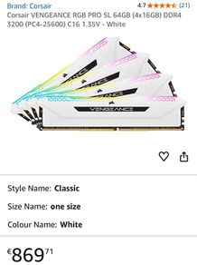 Corsair Vengeance Rgb Pro Sl 64gb (4x16gb) Ddr4 3200 (pc4-25600) C16 1.35v - White