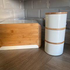 bread bin, coffee, tea and sugar canisters