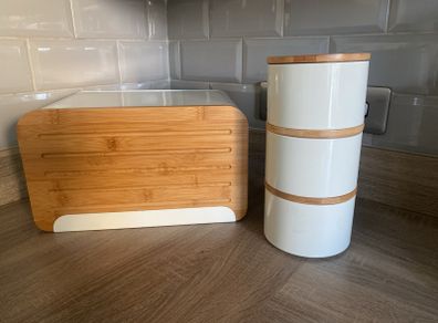 bread bin, coffee, tea and sugar canisters