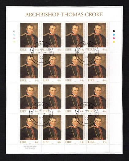 2002 Ireland Death Centenary of Archbishop Croke (First Patron of the GAA) Stamp Sheetlet 1B1B1B1B Fine Used with Dublin CDS cancel of 17th September 2002 (First day of issued) on envelope extract.
