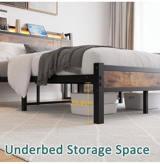 Double Bed Frame 135 x 190 cm with Wooden Storage Headboard, Black Charging Station, LED Lights, Heavy Duty Metal Slats, Under Bed Storage,No Box Spring Needed,Easy Assembly