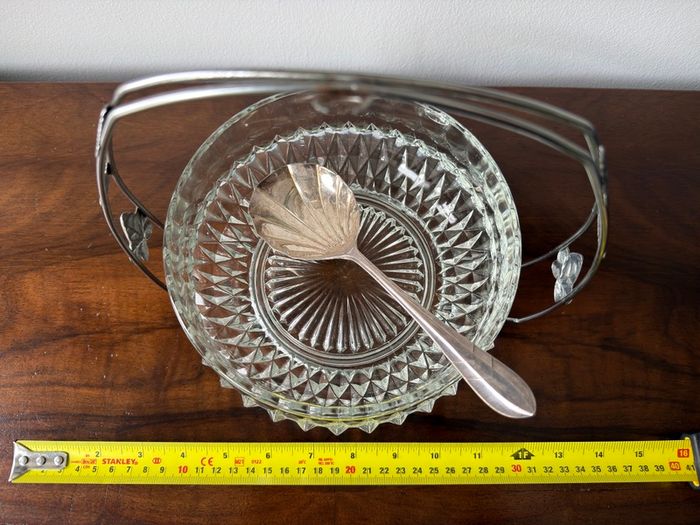 Vintage Cut Glass Serving Bowl with Decorative Stand & EPNS Spoon