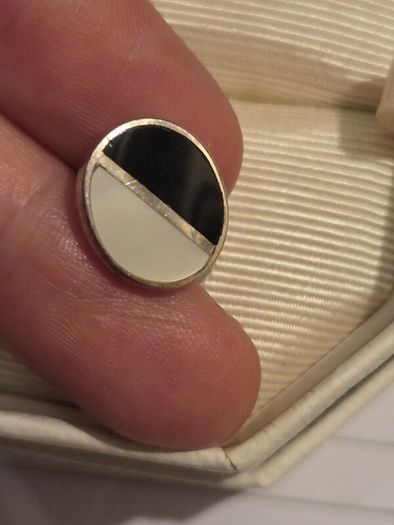 Vintage 925 Sterling Silver Mother of Pearl and Onyx Face Cufflinks with Chain Link