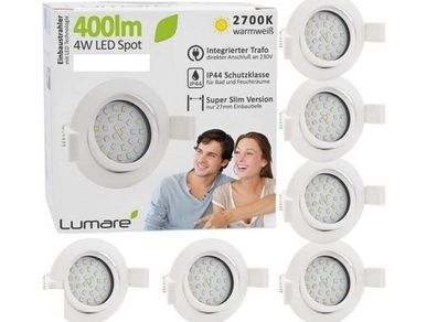 9 Pack,  83mm, Lumare LED Ultra-Flat Recessed ceiling Spotlight, 4 W, 400 Lumen, 230 V, IP44 for Living Room, Bathroom, Mini Slim Ceiling Spot in Silver, Warm White, Round with 83 mm  Diameter