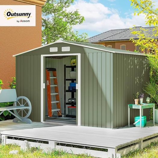 9 x 6ft Metal Garden Shed, Outdoor Storage Tool House with Ventilation Slots, Foundation Kit and Lockable Double Doors, Light Green