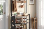 Coat Rack with Shoe Storage, 5 Tier Shoe Rack with Coat Rack, Shoe Storage Organizer with 9 Coat Hooks and 3 Oxford Fabric Side Pockets, Coat and Shoe Rack Hallway, Rustic Brown
