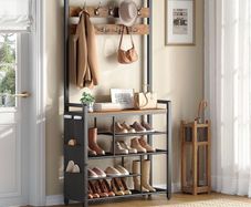 Coat Rack with Shoe Storage, 5 Tier Shoe Rack with Coat Rack, Shoe Storage Organizer with 9 Coat Hooks and 3 Oxford Fabric Side Pockets, Coat and Shoe Rack Hallway, Rustic Brown