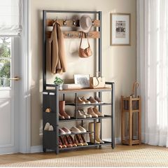 Coat Rack with Shoe Storage, 5 Tier Shoe Rack with Coat Rack, Shoe Storage Organizer with 9 Coat Hooks and 3 Oxford Fabric Side Pockets, Coat and Shoe Rack Hallway, Rustic Brown