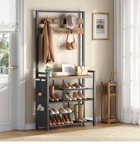 Coat Rack with Shoe Storage, 5 Tier Shoe Rack with Coat Rack, Shoe Storage Organizer with 9 Coat Hooks and 3 Oxford Fabric Side Pockets, Coat and Shoe Rack Hallway, Rustic Brown