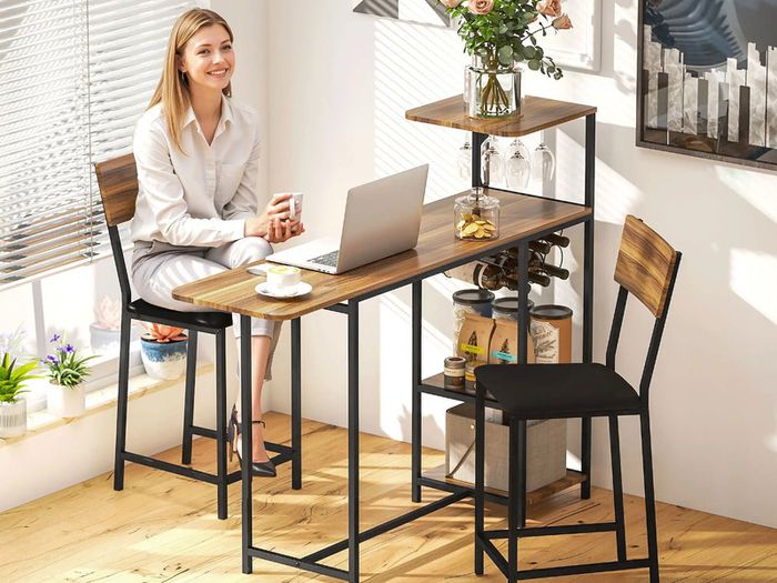 3-piece Bar Table Set, 1 Bar Table, 2 Chairs, with Wine Rack, Glass Holder, Open Shelves, Footrests, Brown