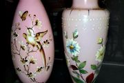 2 large hand made Victorian large glass vase with enamel decor