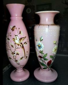 2 large hand made Victorian large glass vase with enamel decor