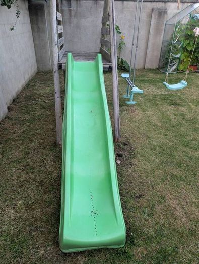 double swing set and slide