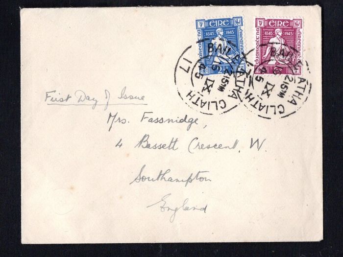 1945 Ireland Centenary of the Death of Thomas Davis (Founder of the Young Ireland Movement) Commemorative Stamps First Day Cover (FDC) with Baile Atha Cliath steele cancel