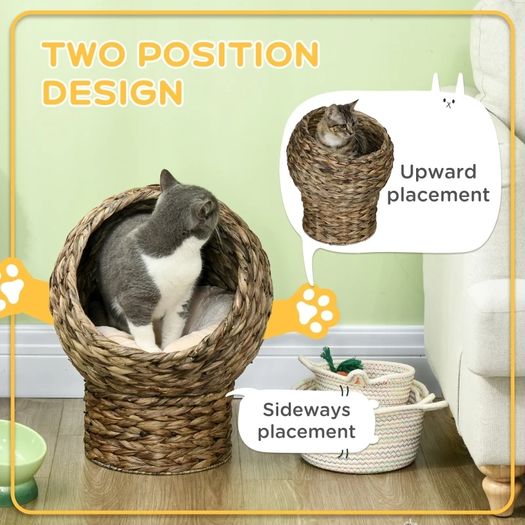 Woven Banana Leaf Elevated Cat Bed Wicker Kitten Basket Pet Den. House Cozy Cave with Soft Cushion Dome 42x33x52cm Dark Brown