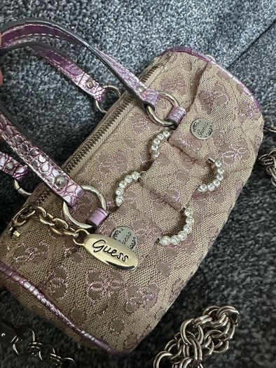 vintage Guess Y2K small monogram bag in a brown and pink glitter colorway.