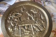 Beautiful Large Old Hanging Hammered Brass Wall Charger Embossed with a 17th Century Tavern Scene,