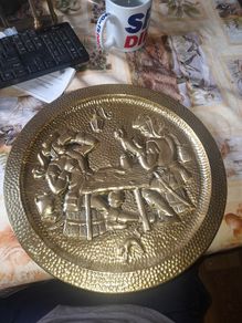 Beautiful Large Old Hanging Hammered Brass Wall Charger Embossed with a 17th Century Tavern Scene,