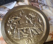 Beautiful Large Old Hanging Hammered Brass Wall Charger Embossed with a 17th Century Tavern Scene,