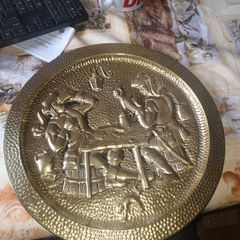 Beautiful Large Old Hanging Hammered Brass Wall Charger Embossed with a 17th Century Tavern Scene,