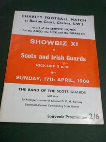 Charity football match at Chelsea between Showbiz XI and Scots and Irish Guards 1966.