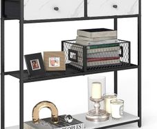 Console Table, Side Table with 2 Fabric Drawers, Hallway Table, 24 x 76 x 80 cm, for Hallway, Living Room, Marble White/Ink Black