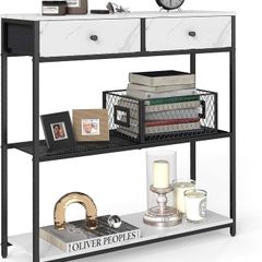 Console Table, Side Table with 2 Fabric Drawers, Hallway Table, 24 x 76 x 80 cm, for Hallway, Living Room, Marble White/Ink Black