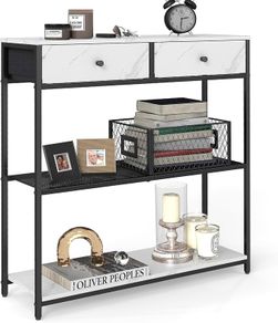 Console Table, Side Table with 2 Fabric Drawers, Hallway Table, 24 x 76 x 80 cm, for Hallway, Living Room, Marble White/Ink Black