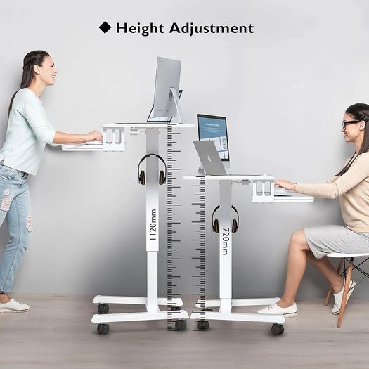 65 by 45cm Mobile Computer Workstation, Height Adjustable Laptop Stand 72 by 112cm, Portable Desk on Wheels, Compact White Study Desk, Movable Side Table, Small Standing Desk, Office Workstation