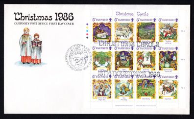 1986 Guernsey Christmas "Carols" Sheet Commemorative Stamps Official First Day Cover (FDC)