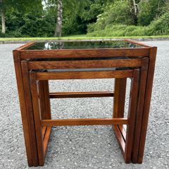 Vintage Danish Nesting Tables in Teak with Smoked Glass Tops c1960