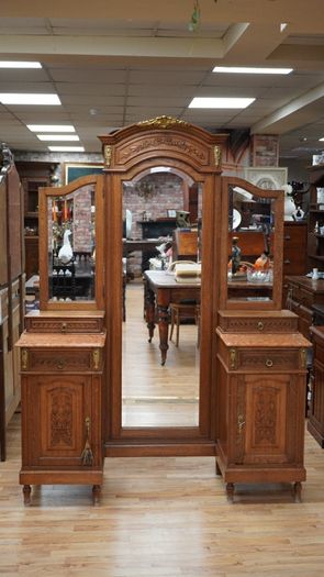 Antique French Oak Mirrored Dressing Stand