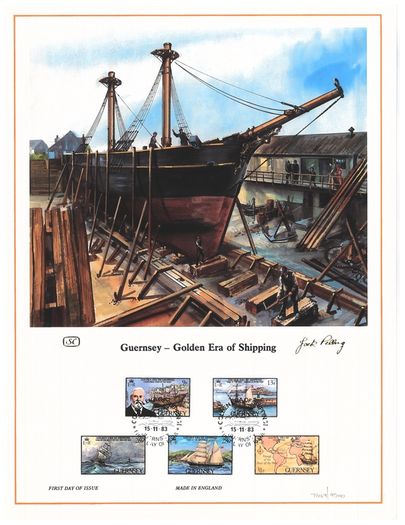 1983 Guernsey Limited Edition Lithographed Print measuring 333mm X 257mm showing Golden Era of shipping Commemorative stamps with First Day of Issue Cancel