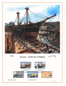 1983 Guernsey Limited Edition Lithographed Print measuring 333mm X 257mm showing Golden Era of shipping Commemorative stamps with First Day of Issue Cancel
