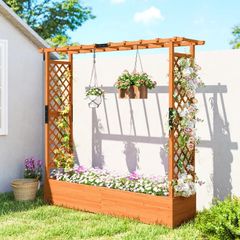 Raised bed with trellis and roof, for flowers, fruits, vegetables, herbs, 196 x 44 x 181 cm, wood, Orange