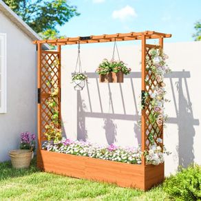 Raised bed with trellis and roof, for flowers, fruits, vegetables, herbs, 196 x 44 x 181 cm, wood, Orange