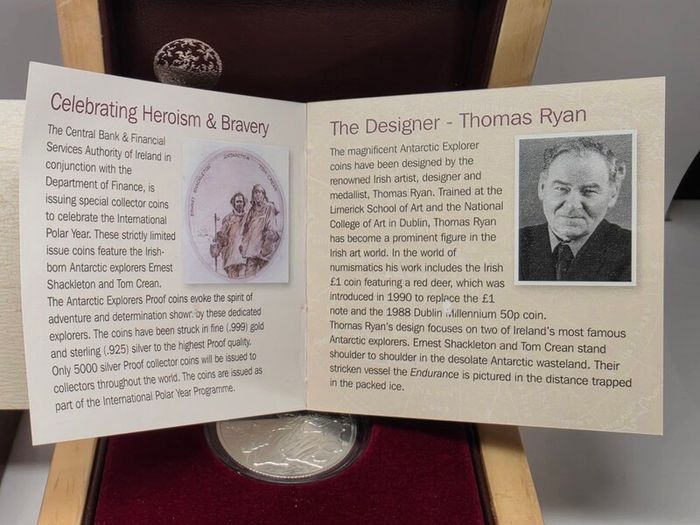 Ireland Silver Proof 2008 Antarctic Explorers Series Ernest Shackleton and Tom Crean 5 Euro Coin in Original Holder with COA