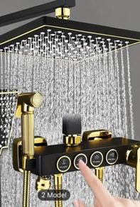 Luxury Black & Golden Square Shower Head Set - Wall-Mounted, Full Copper with Extended Pole, 4 Adjustable Settings for Ultimate Bathing Experience , brand new