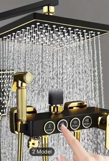 Luxury Black & Golden Square Shower Head Set - Wall-Mounted, Full Copper with Extended Pole, 4 Adjustable Settings for Ultimate Bathing Experience , brand new