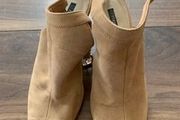 Beige suede open-toe block heel ankle boots: Size 4